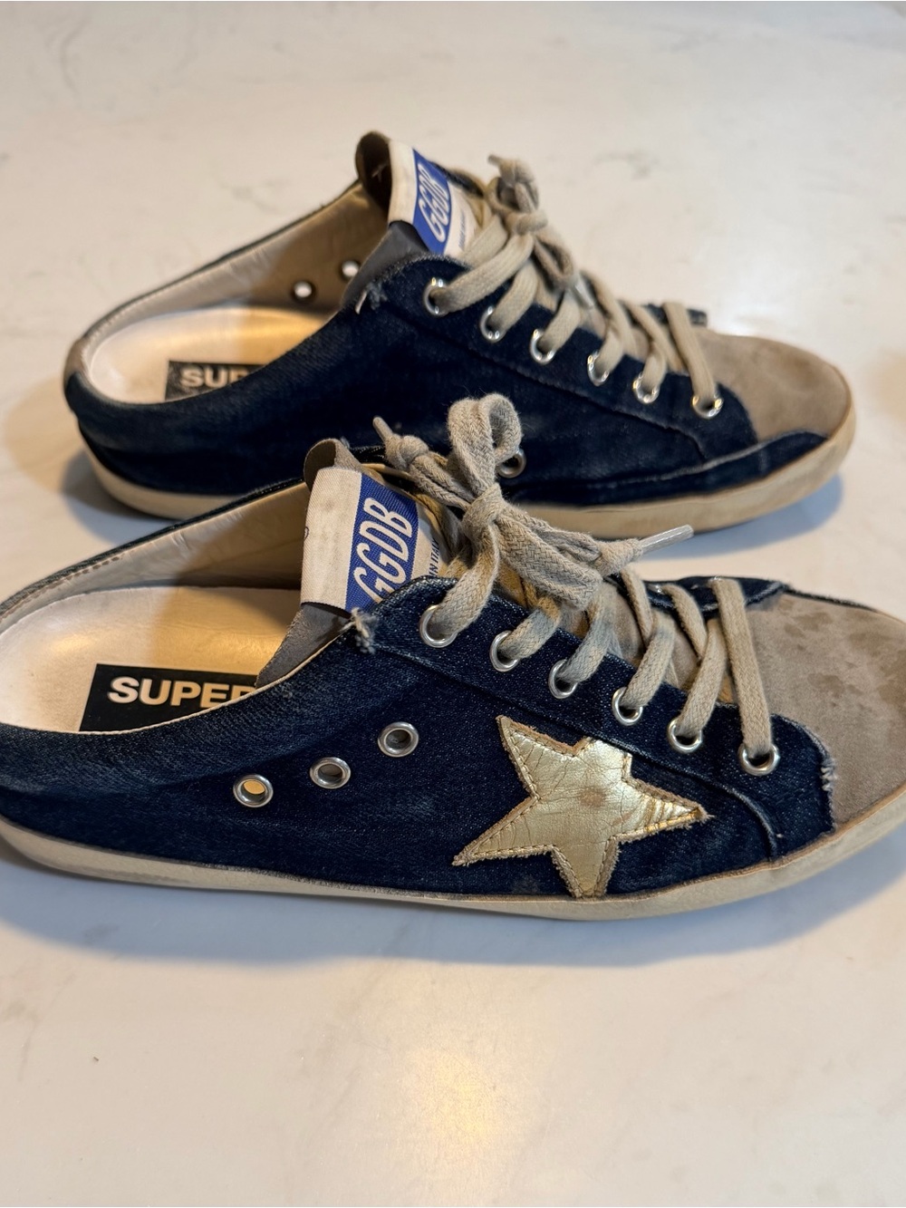 Golden Goose Navy Suede Sneakers with Gold Star